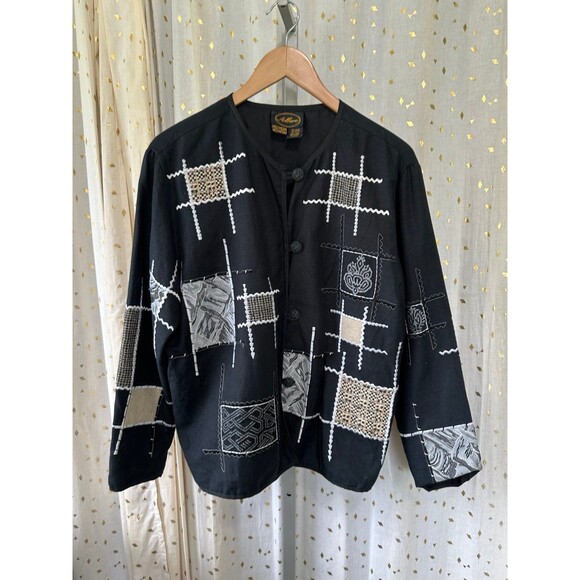 Vintage Allure Asian Inspired Flax Blend Mix Media Patchwork Embroidered Jacket - Picture 2 of 7